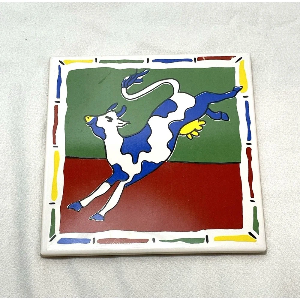 Ceramic Tile Cork Back Trivets Cow Pig Set of 2 Colorful Farmhouse Retro